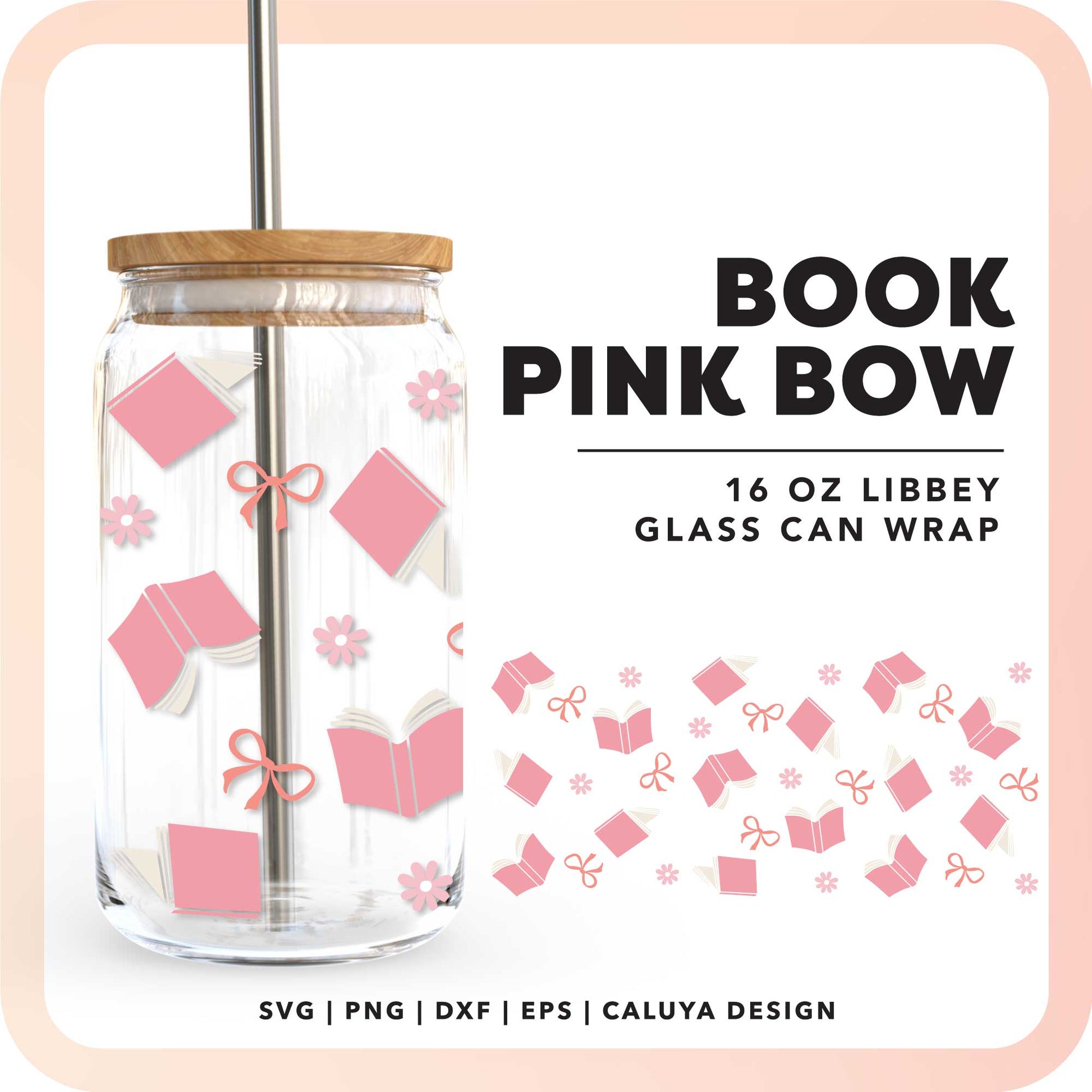 16oz Libbey Can Cup Wrap SVG | Book Pink Bow SVG