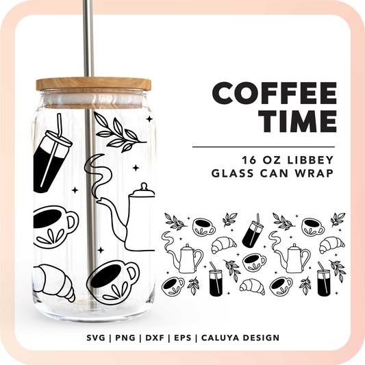 16oz Libbey Can Cup Wrap SVG | Coffee Time Outline SVG