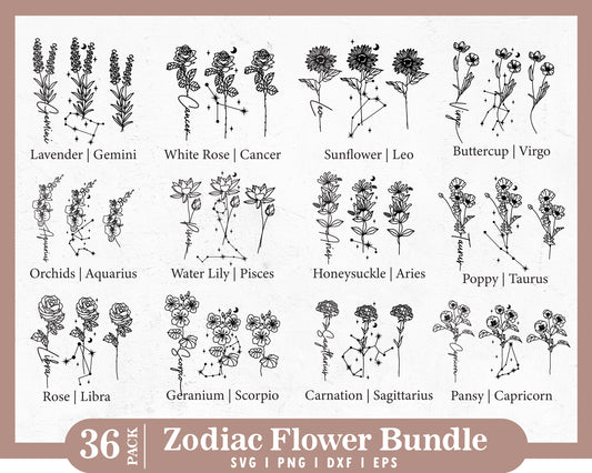 Zodiac Flower SVG Bundle | Birth Month Flower SVG Bundle