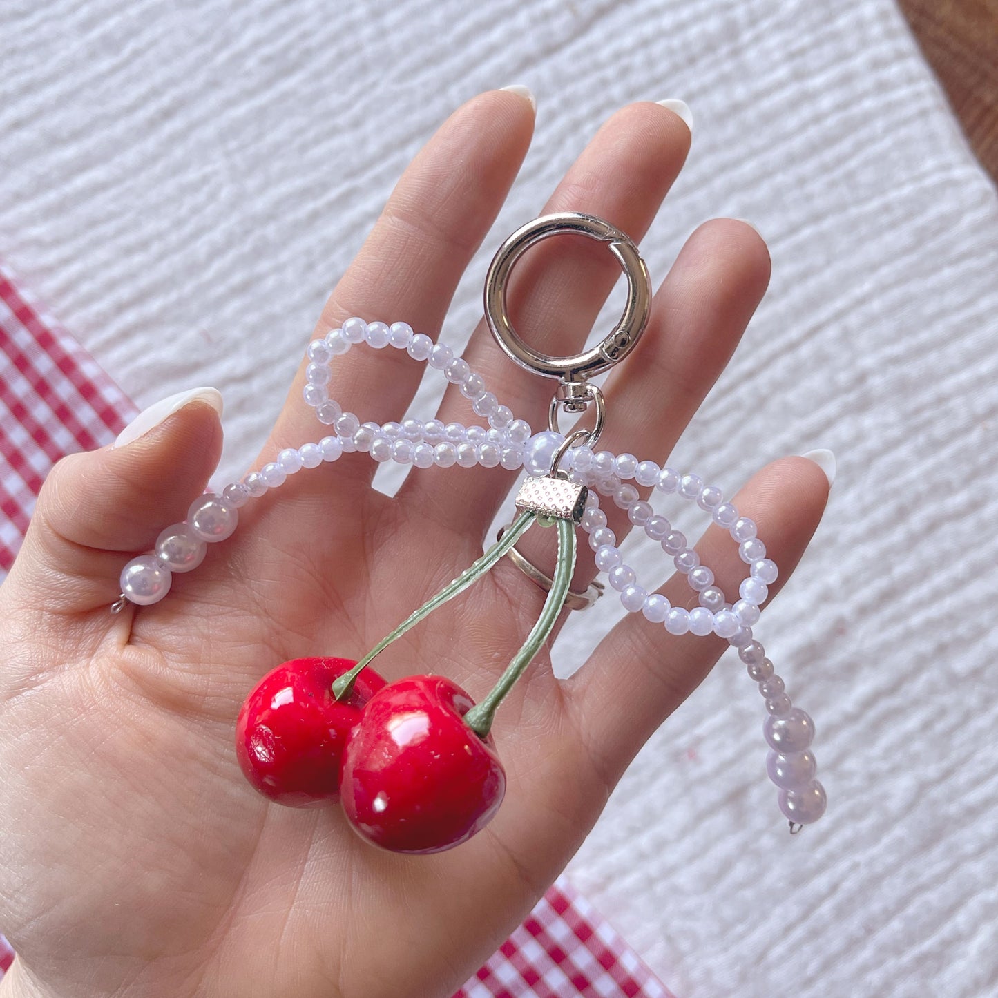 Pearl Bow & Cherry Keychain