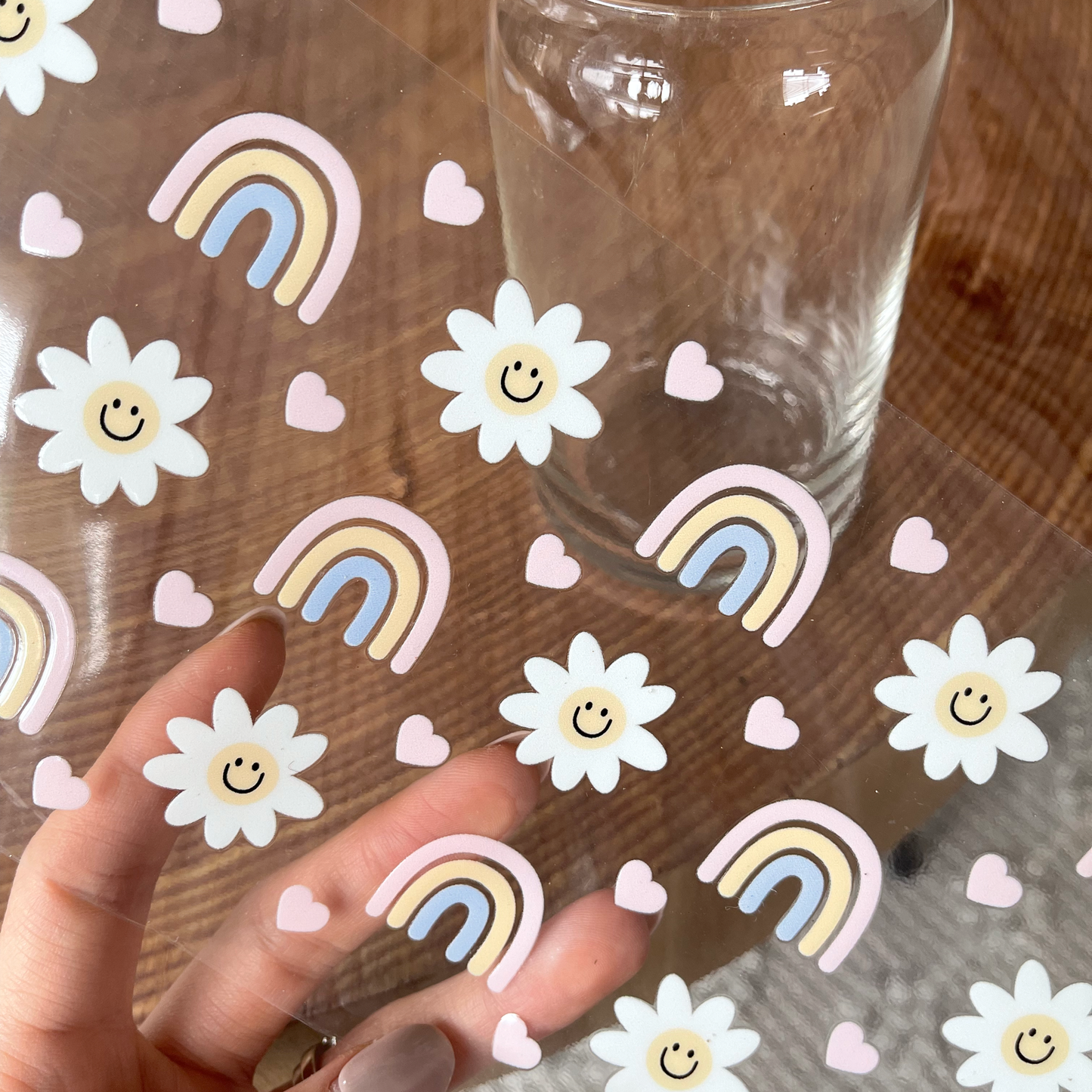 16oz Cup UV DTF Decal | Smiley Daisy & Rainbow