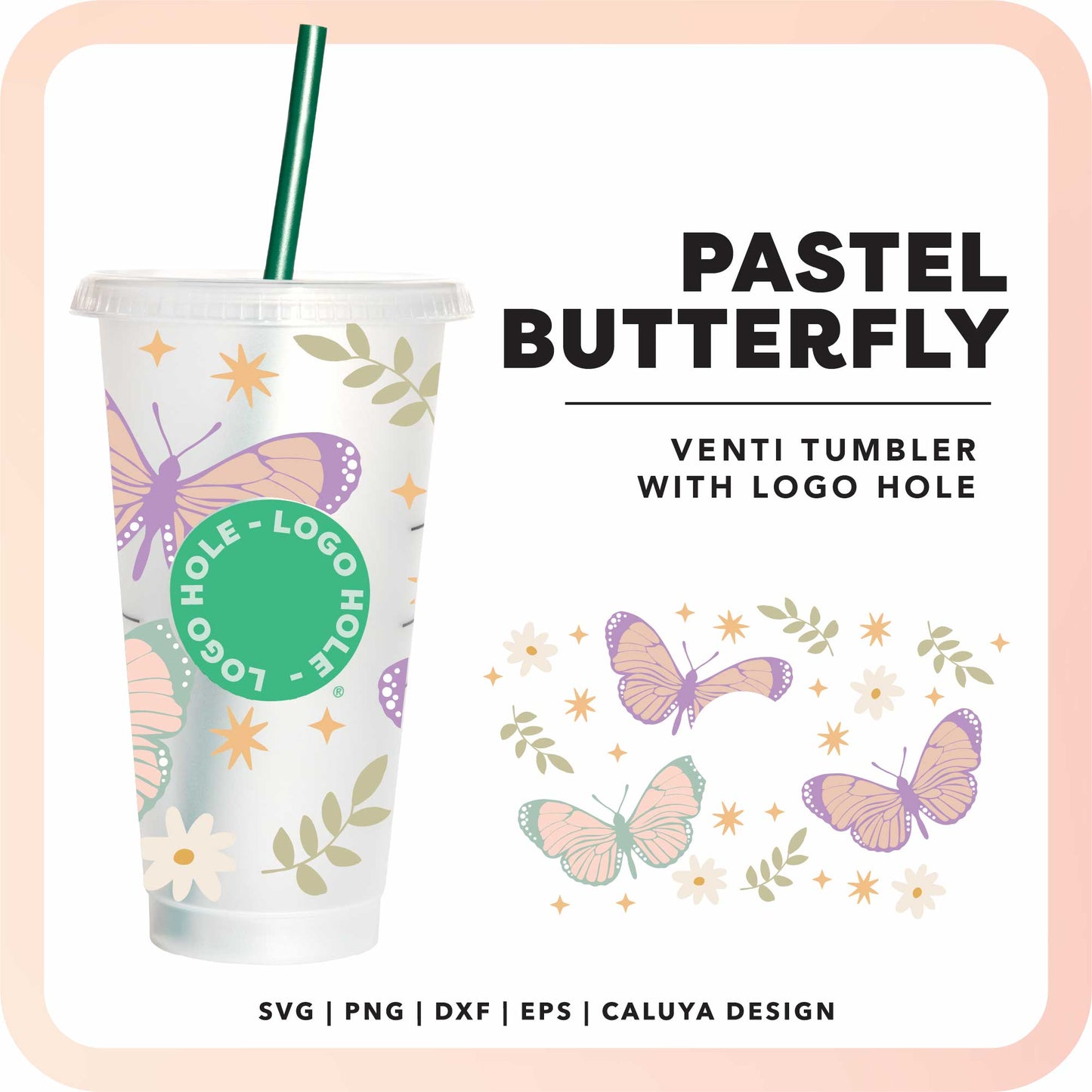 With Logo Venti Cup Wrap SVG | Pastel Butterfly SVG