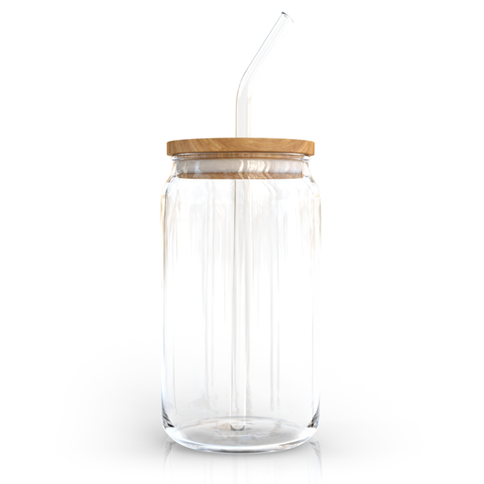 16oz Glass Can with Bamboo Lid and Glass Straw
