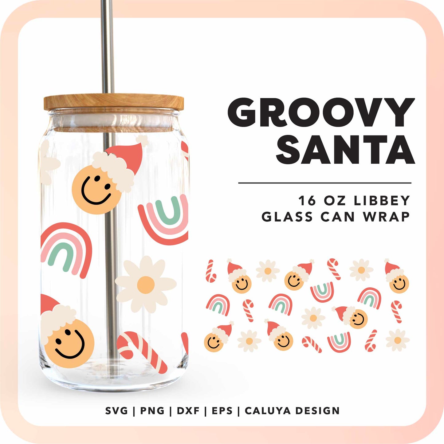 16oz Libbey Can Cup Wrap | Groovy Santa Rainbow SVG