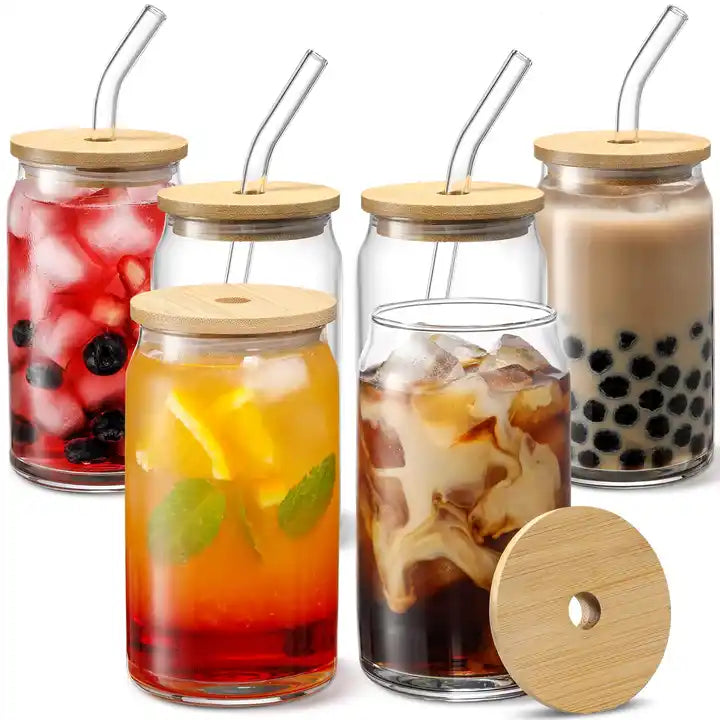 16oz Glass Can with Bamboo Lid and Glass Straw