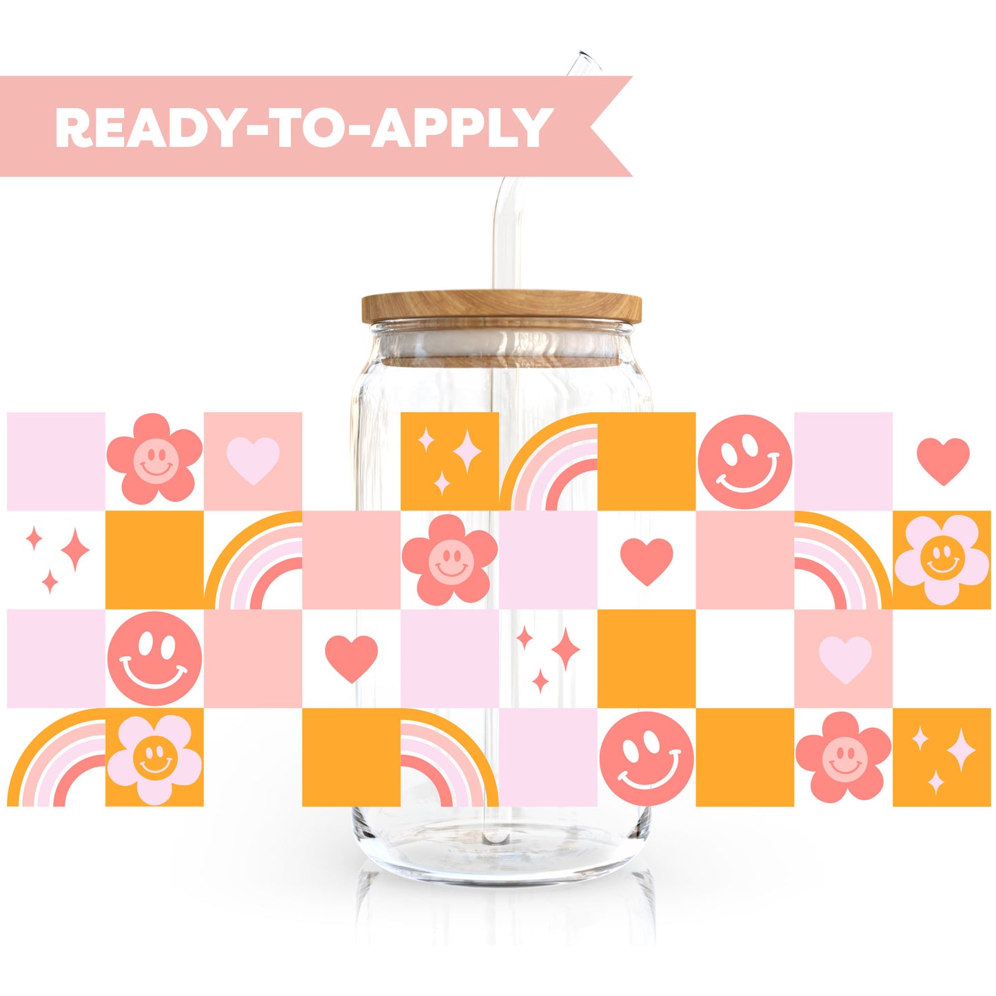 16oz Cup UV DTF Decal | Checkered Happy Face