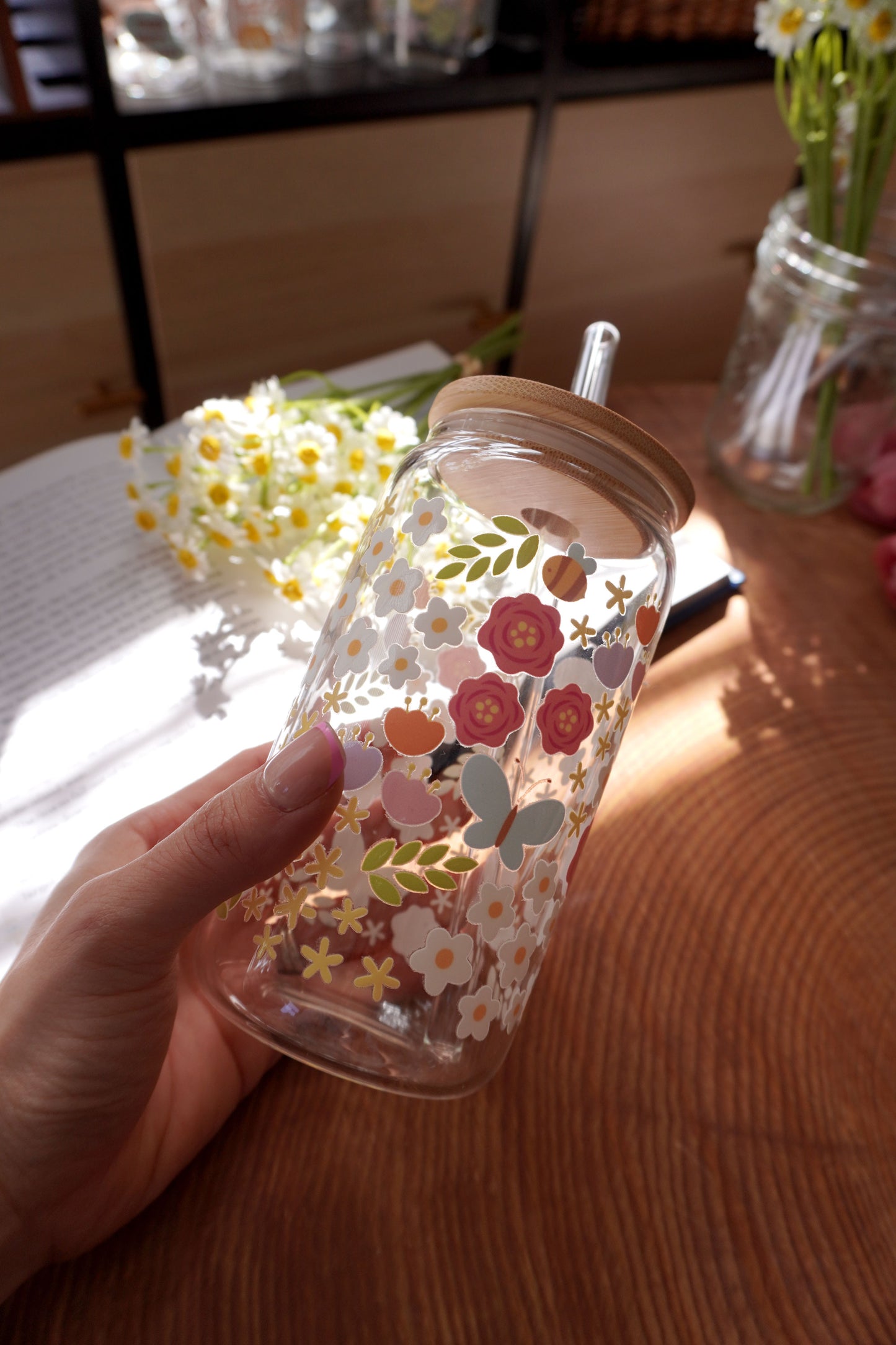 16oz Glass Can with Bamboo Lid and Glass Straw