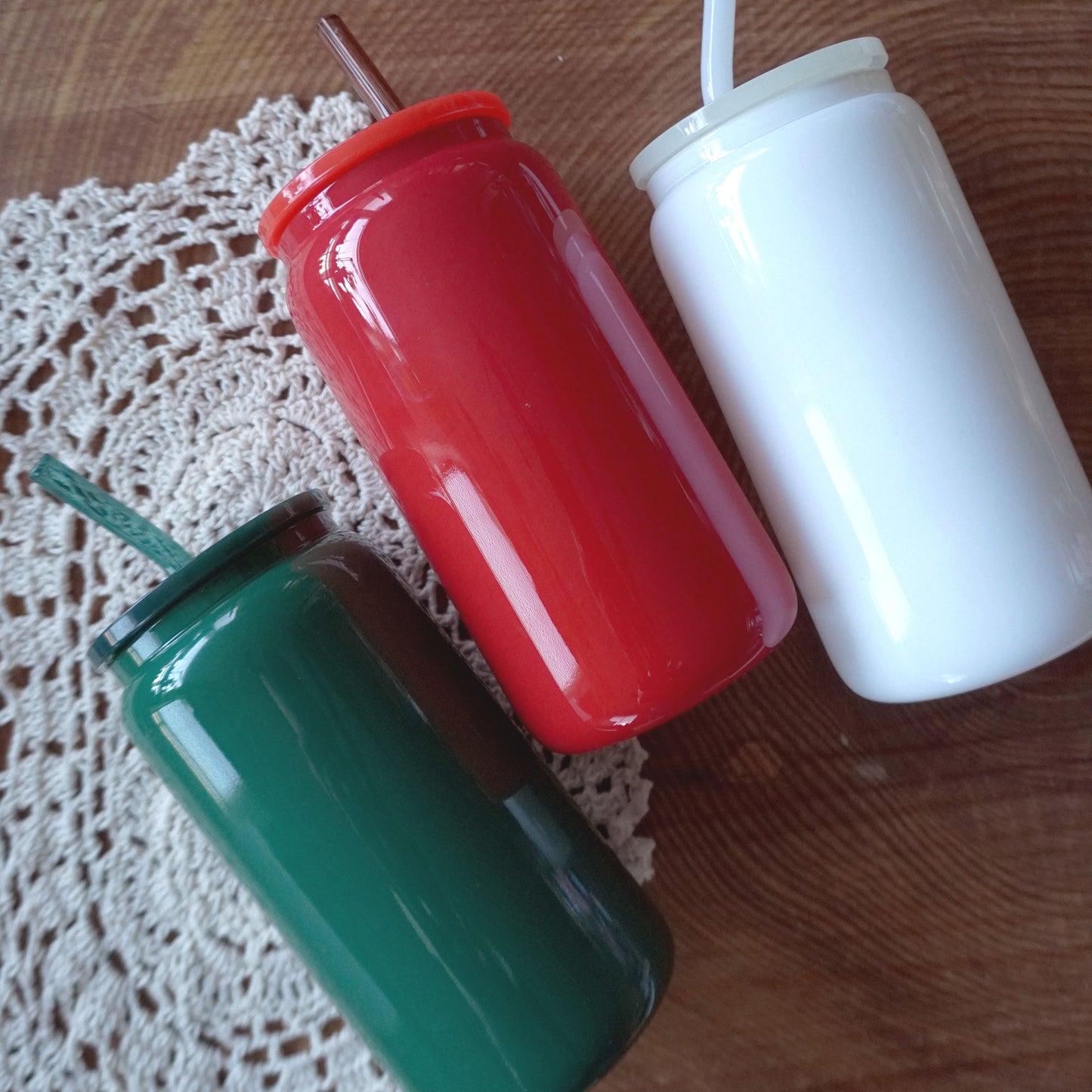 16oz Glass Can with Plastic Lid and Glass Straw | Solid Candy Apple