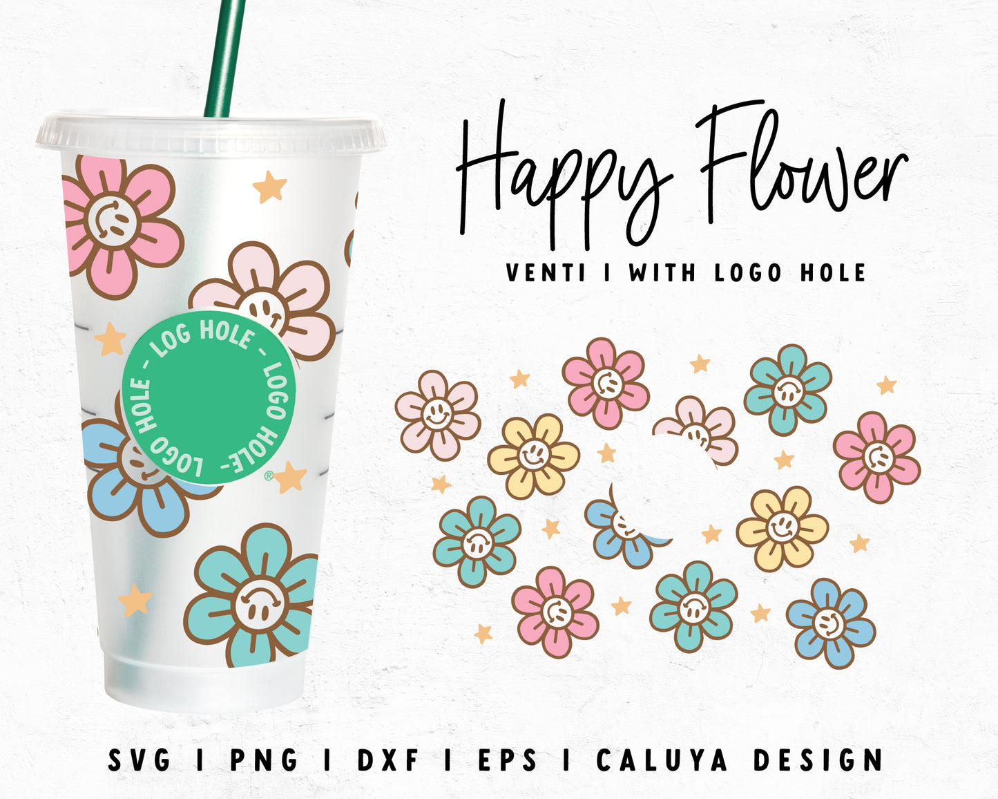 Venti Cup With Hole Smiley Face Flower Cup Wrap Cut File for Cricut, Cameo Silhouette | Free SVG Cut File