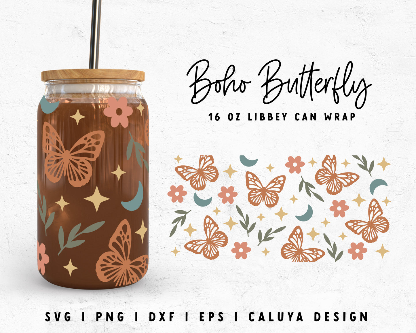 16oz Libbey Can Boho Butterfly Cup Wrap SVG Cut File for Cricut, Cameo Silhouette | Free SVG Cut File