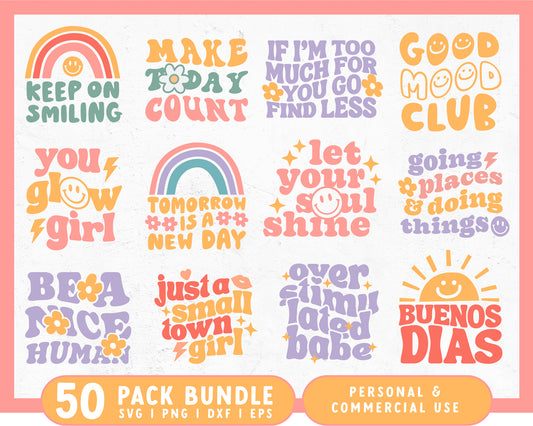 Wavy Groovy SVG Bundle | 50 Retro & Happy SVG Designs