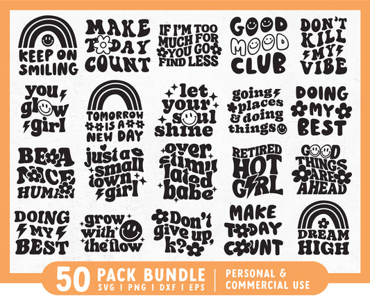 Happy Groovy SVG Bundle B&W Version | 50 Retro & Happy SVG Designs