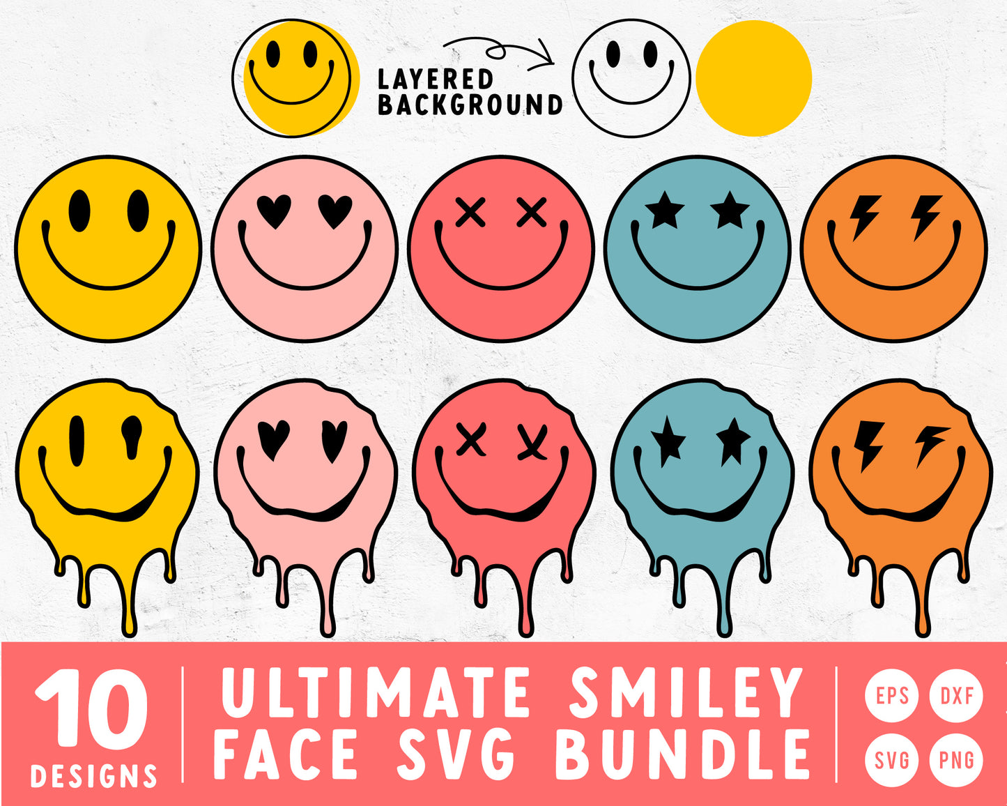 Ultimate Smiley Face SVG Mini Bundle For Cricut, Cameo Silhouette | Retro SVG, 70s Smiley face SVG, Melting Smiley Face SVG