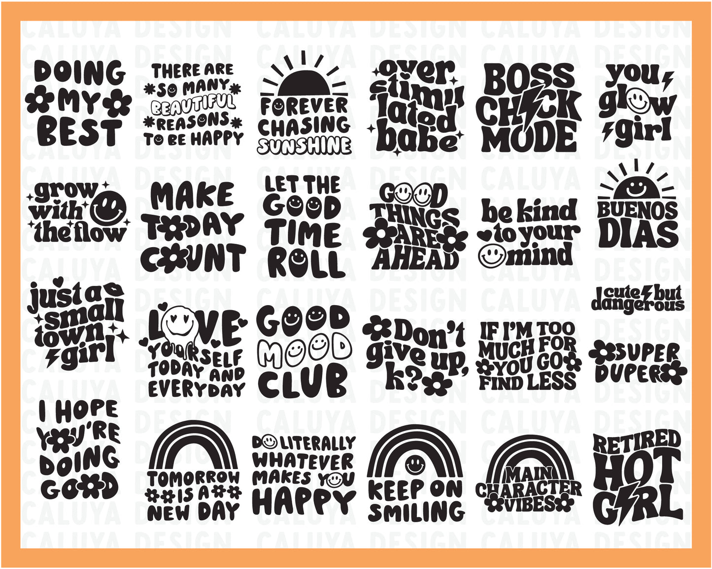 Happy Groovy SVG Bundle B&W Version | 50 Retro & Happy SVG Designs