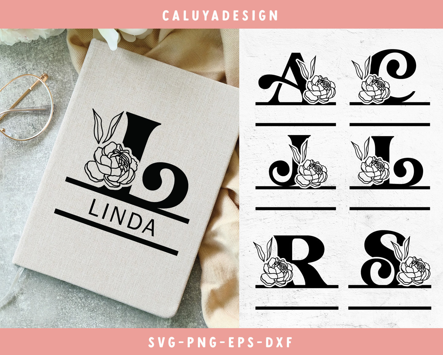 Hand Drawn Floral Split Monogram SVG Cut File for Cricut, Cameo Silhouette