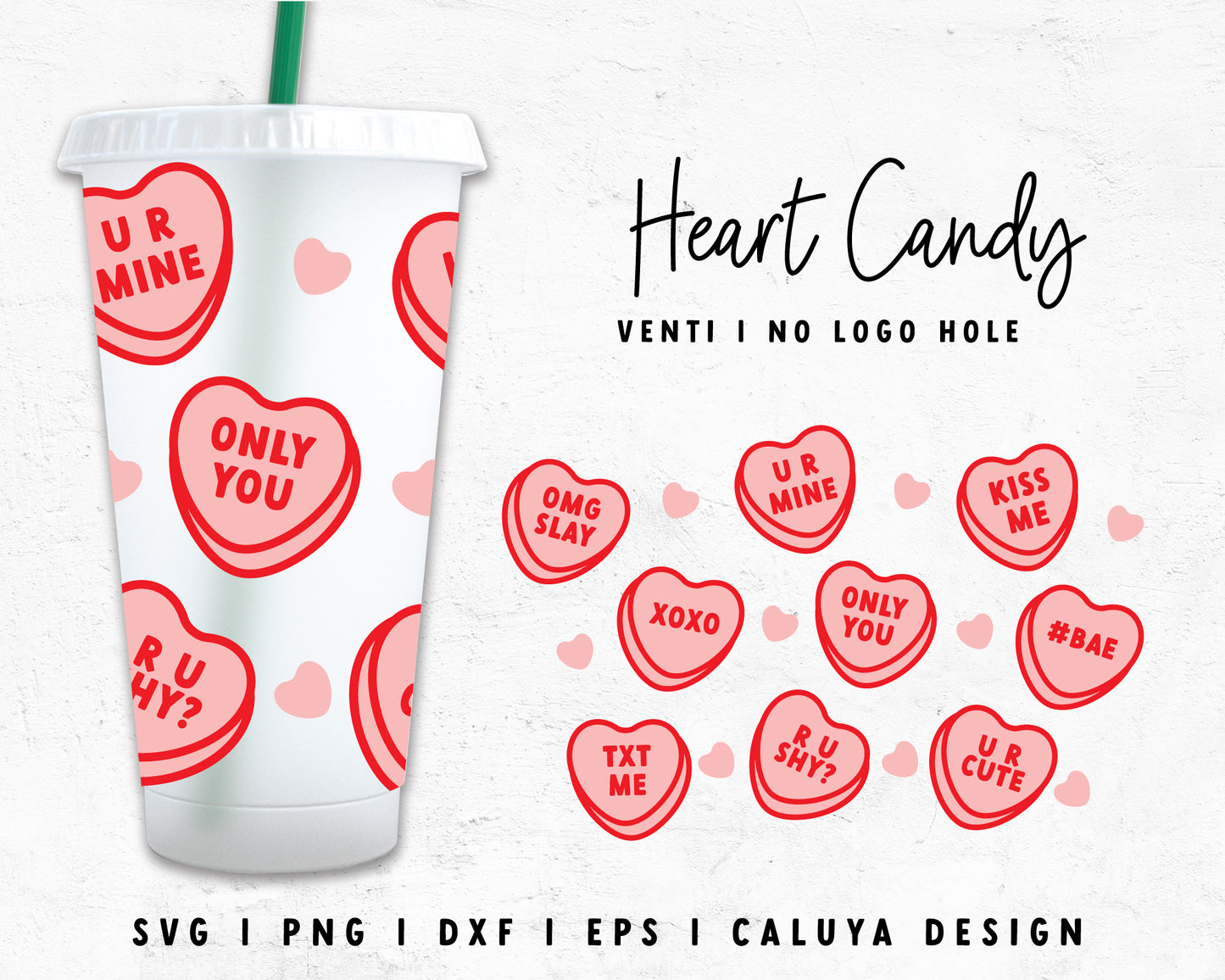 Venti No Hole | Valentine Heart Candy Tumbler Wrap SVG | Valentine Glass Cap Wrap SVG