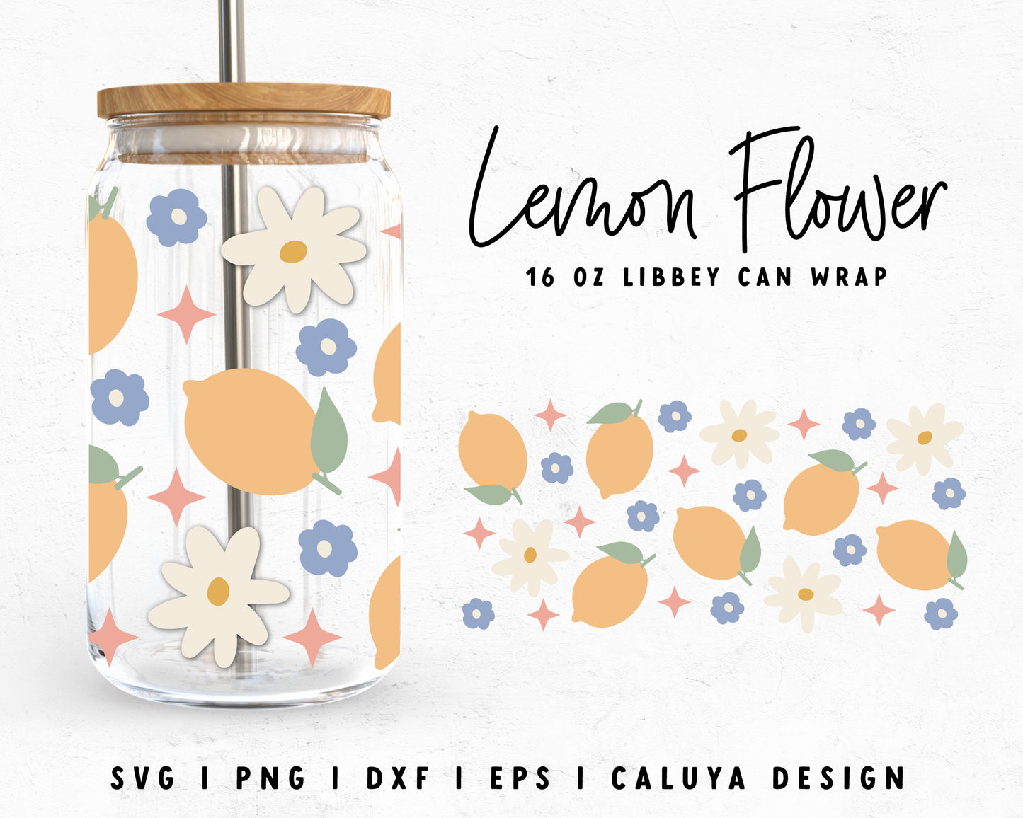 16oz Libbey Can Cup Wrap | Cute Lemon with Flowers Cut File for Cricut, Cameo Silhouette | Free SVG Cut File