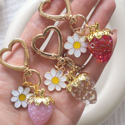 3D Strawberry + Flower Charm Keychain