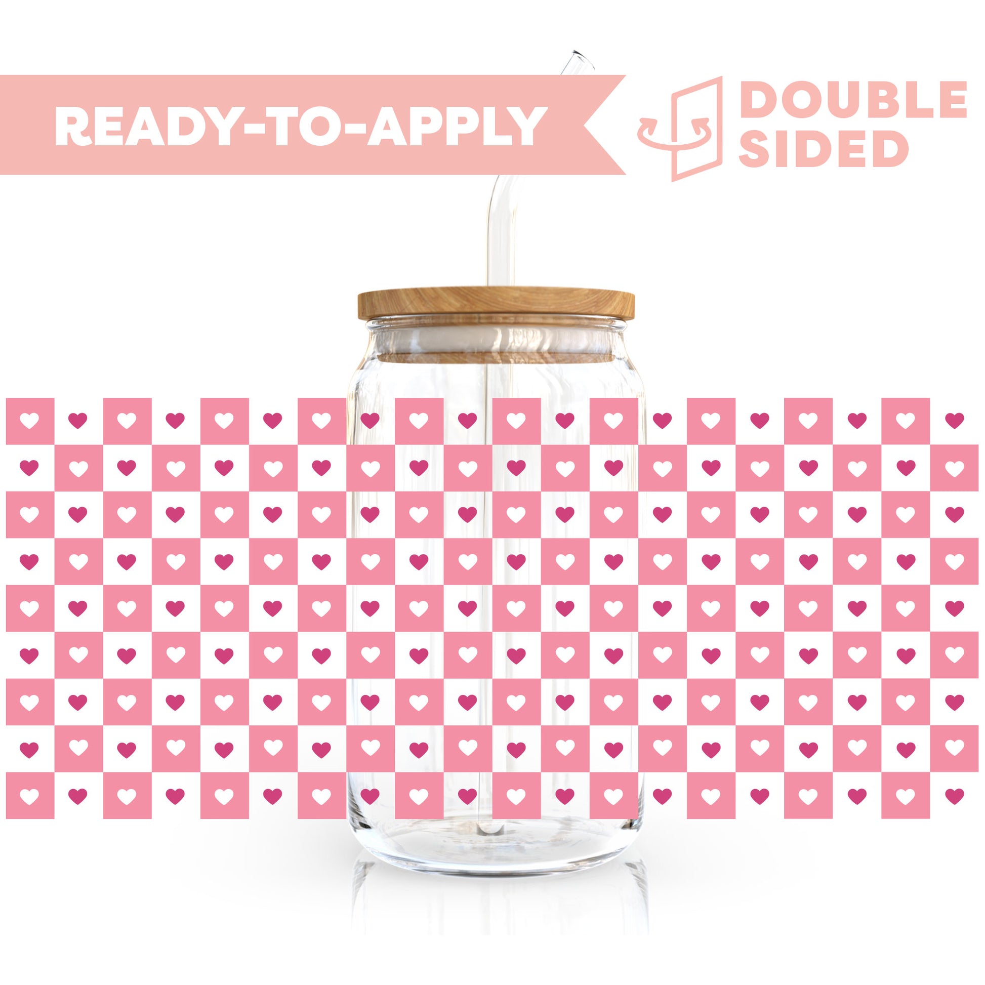 [ Double Sided ] 16oz Cup UV DTF Decal | Checkered Pink Heart