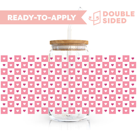 [ Double Sided ] 16oz Cup UV DTF Decal | Checkered Pink Heart