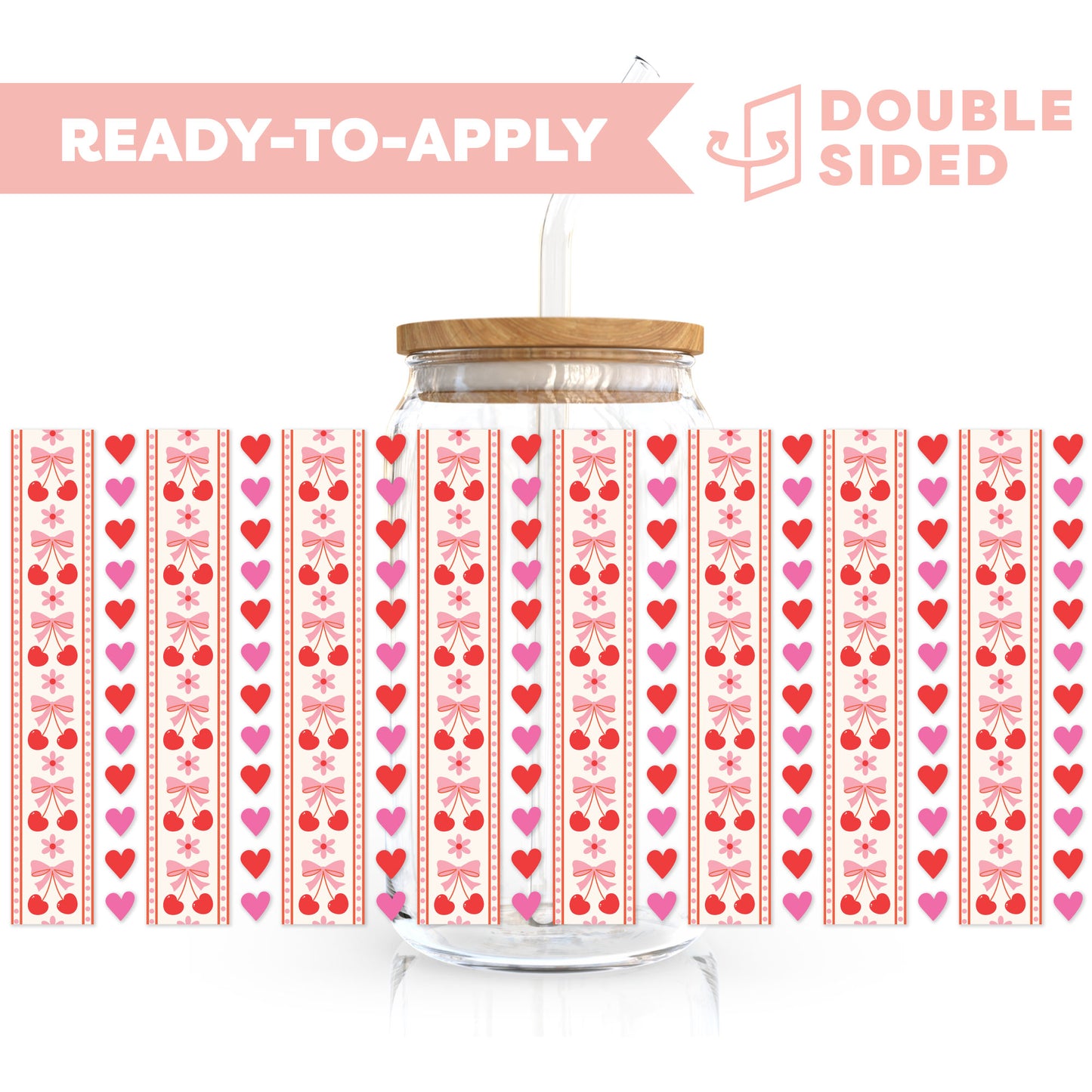 [ Double Sided ] 16oz Cup UV DTF Decal | Cherry Washi Tape