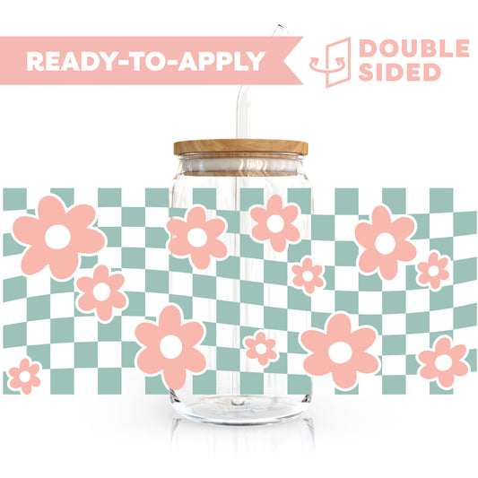 [ Double Sided ] 16oz Cup UV DTF Decal | Retro Flower & Checkered