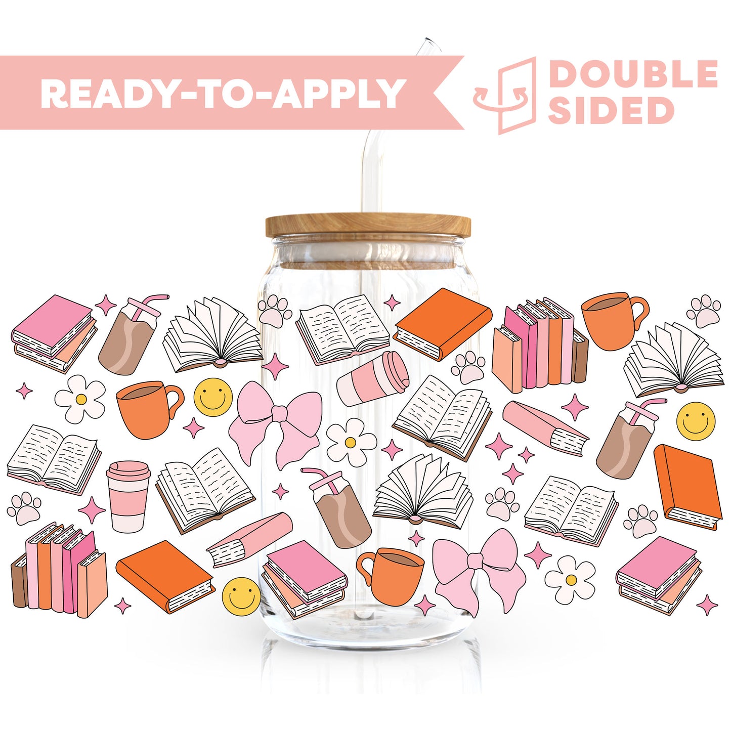 [ Double Sided ] 16oz Cup UV DTF Decal | Pink x Orange Book Lovers