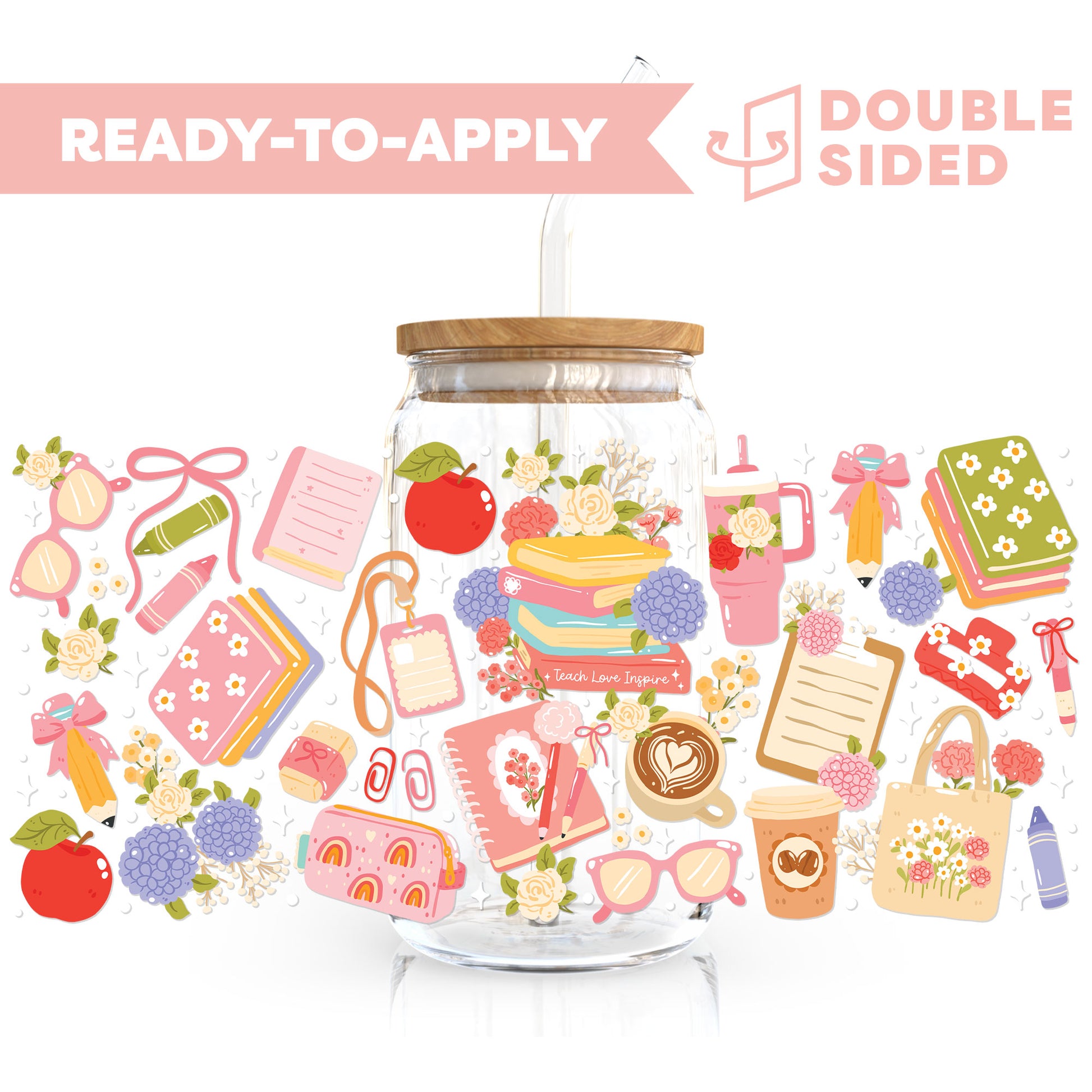 [ Double Sided ] 16oz Cup UV DTF Decal | Coquette Teacher Life