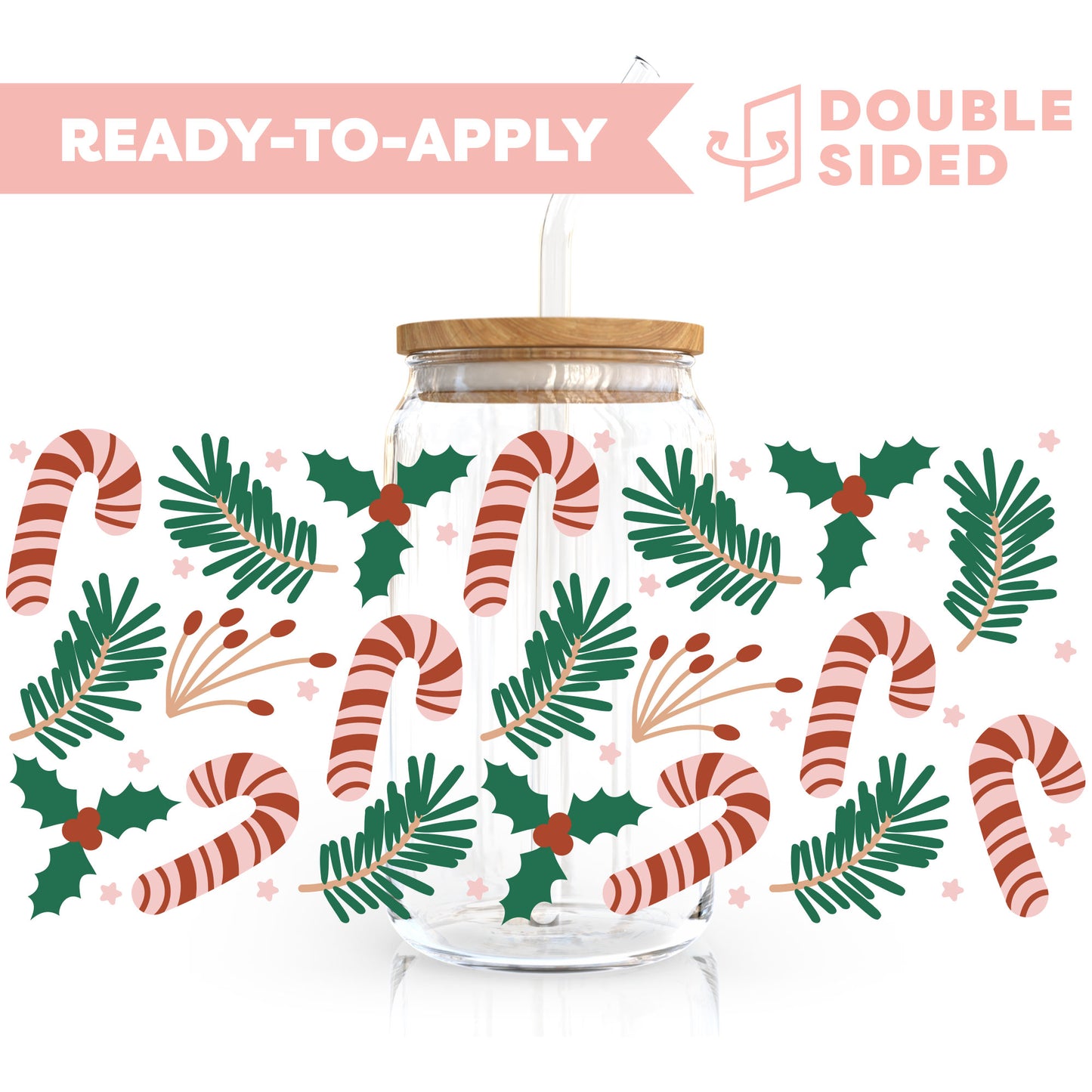 [ Double Sided ] 16oz Cup UV DTF Decal | Mistletoe Candy Cane