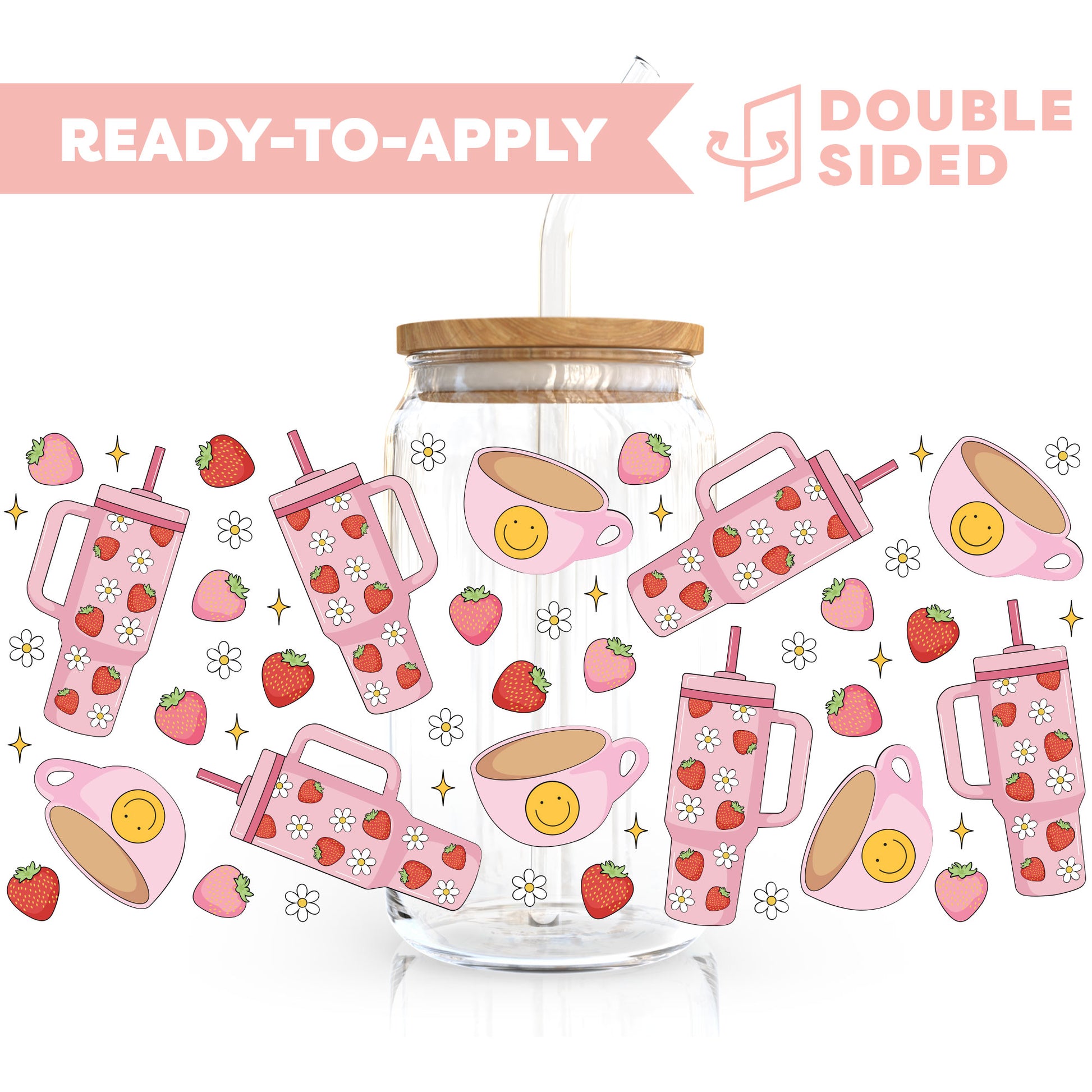 [ Double Sided ] 16oz Cup UV DTF Decal | Strawberry Coffee Time