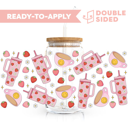 [ Double Sided ] 16oz Cup UV DTF Decal | Strawberry Coffee Time