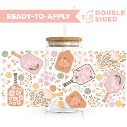 [ Double Sided ] 16oz Cup UV DTF Decal | Floral Pickleball Paddle