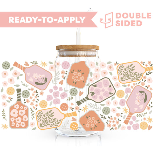 [ Double Sided ] 16oz Cup UV DTF Decal | Floral Pickleball Paddle