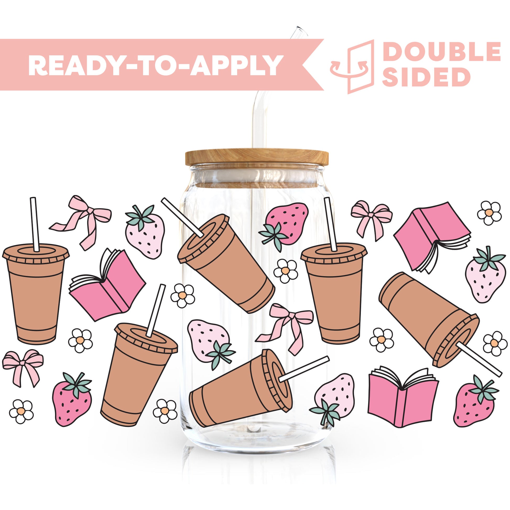 [ Double Sided ] 16oz Cup UV DTF Decal | Pink Coffee & Book Lover