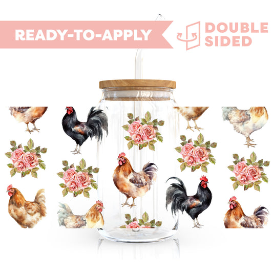 [ Double Sided ] 16oz Cup UV DTF Decal | Roses & Chickens 