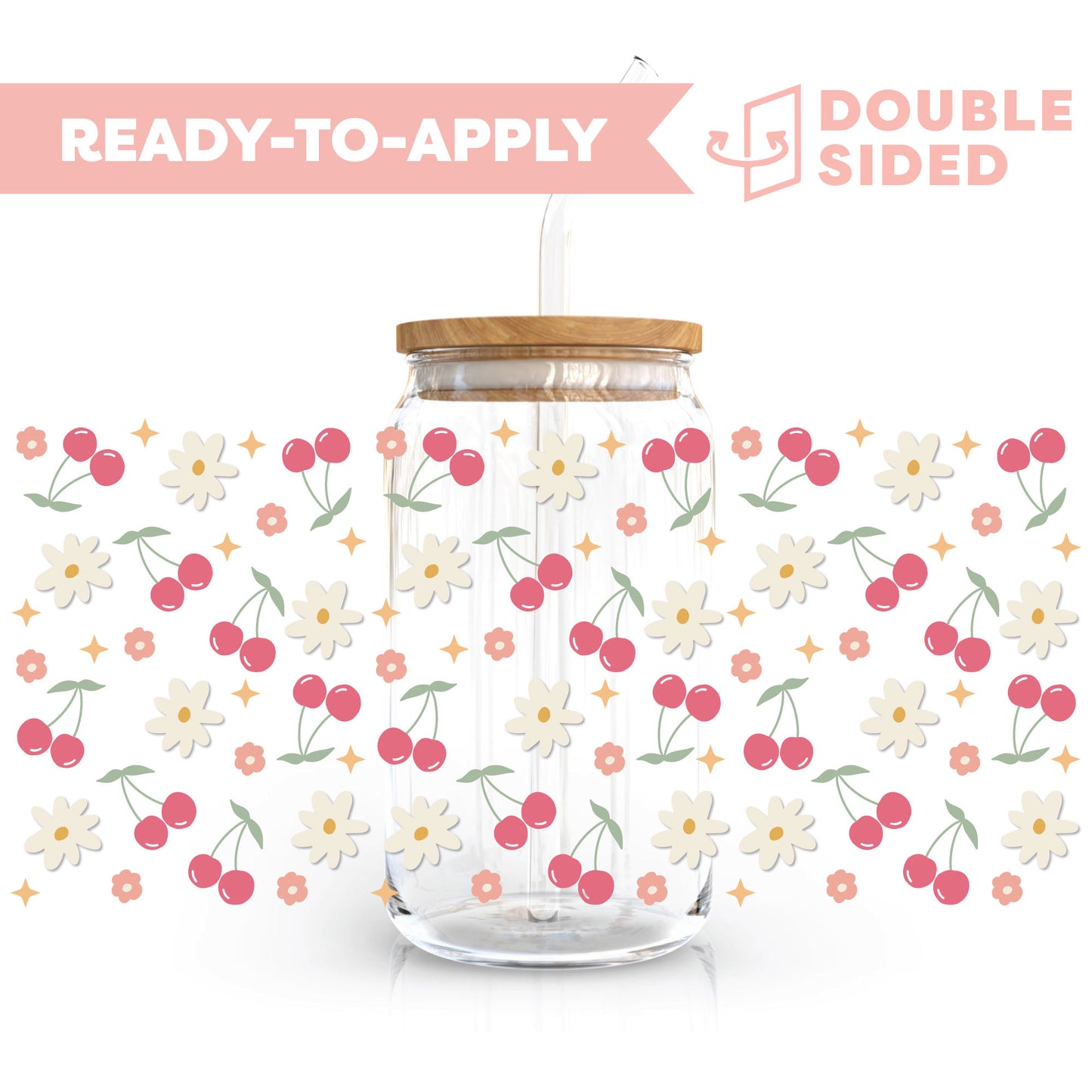 [ Double Sided ] 16oz Cup UV DTF Decal | Floral Cherry