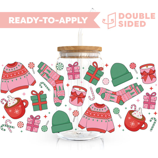 [ Double Sided ] 16oz Cup UV DTF Decal | Pink Christmas