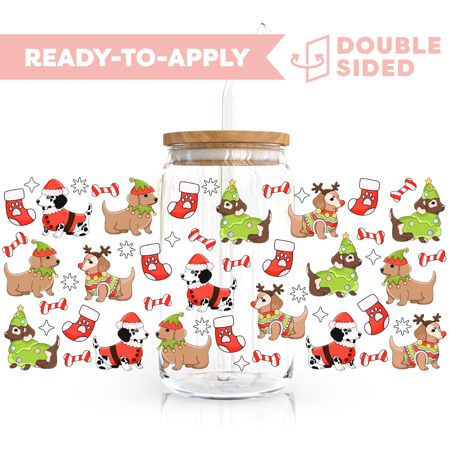 [ Double Sided ] 16oz Cup UV DTF Decal | Doggy Christmas