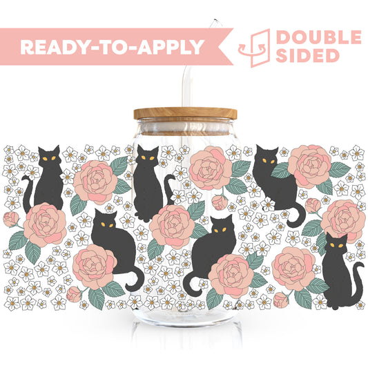 [ Double Sided ] 16oz Cup UV DTF Decal | Black Cat & Roses