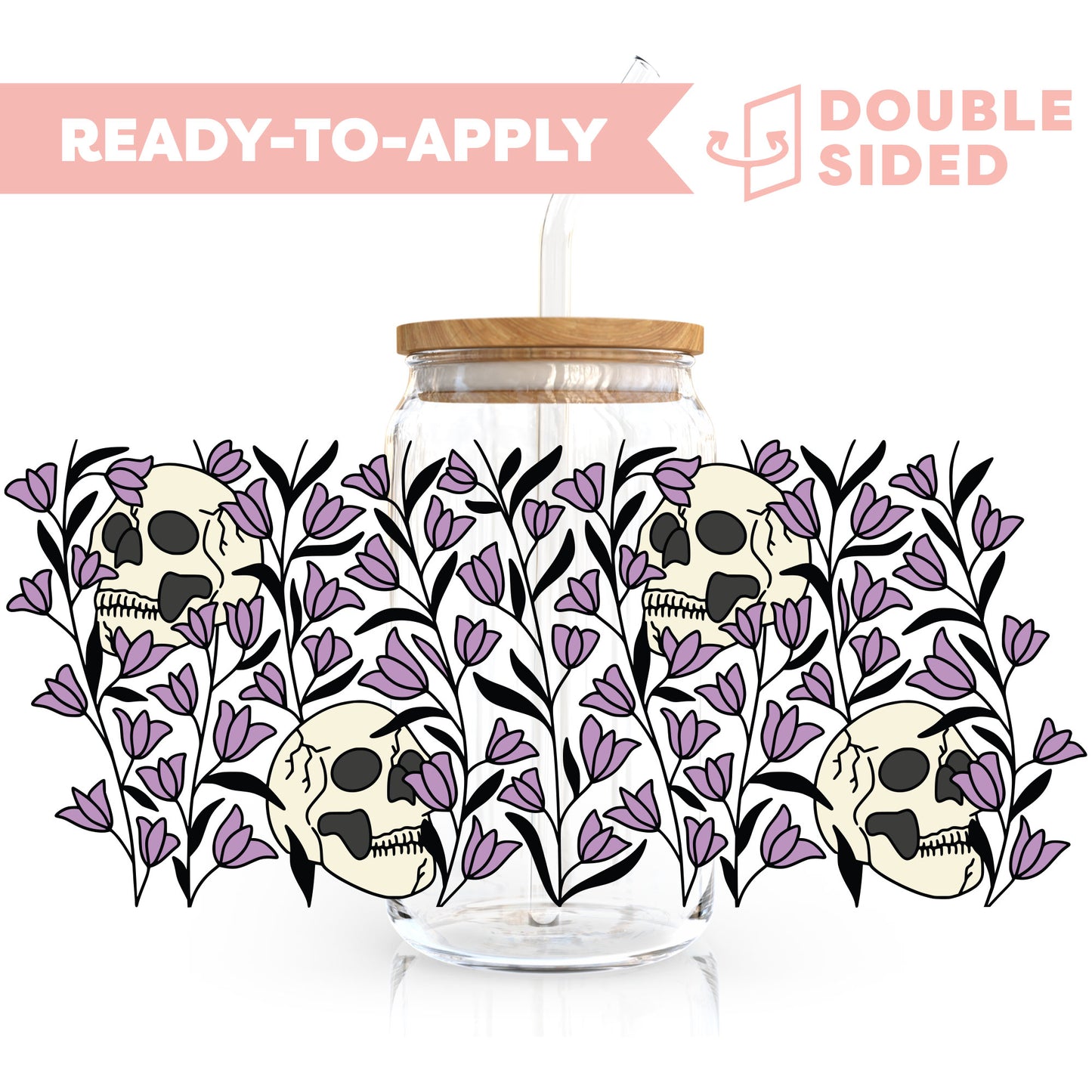 [ Double Sided ] 16oz Cup UV DTF Decal | Skull Purple Flower