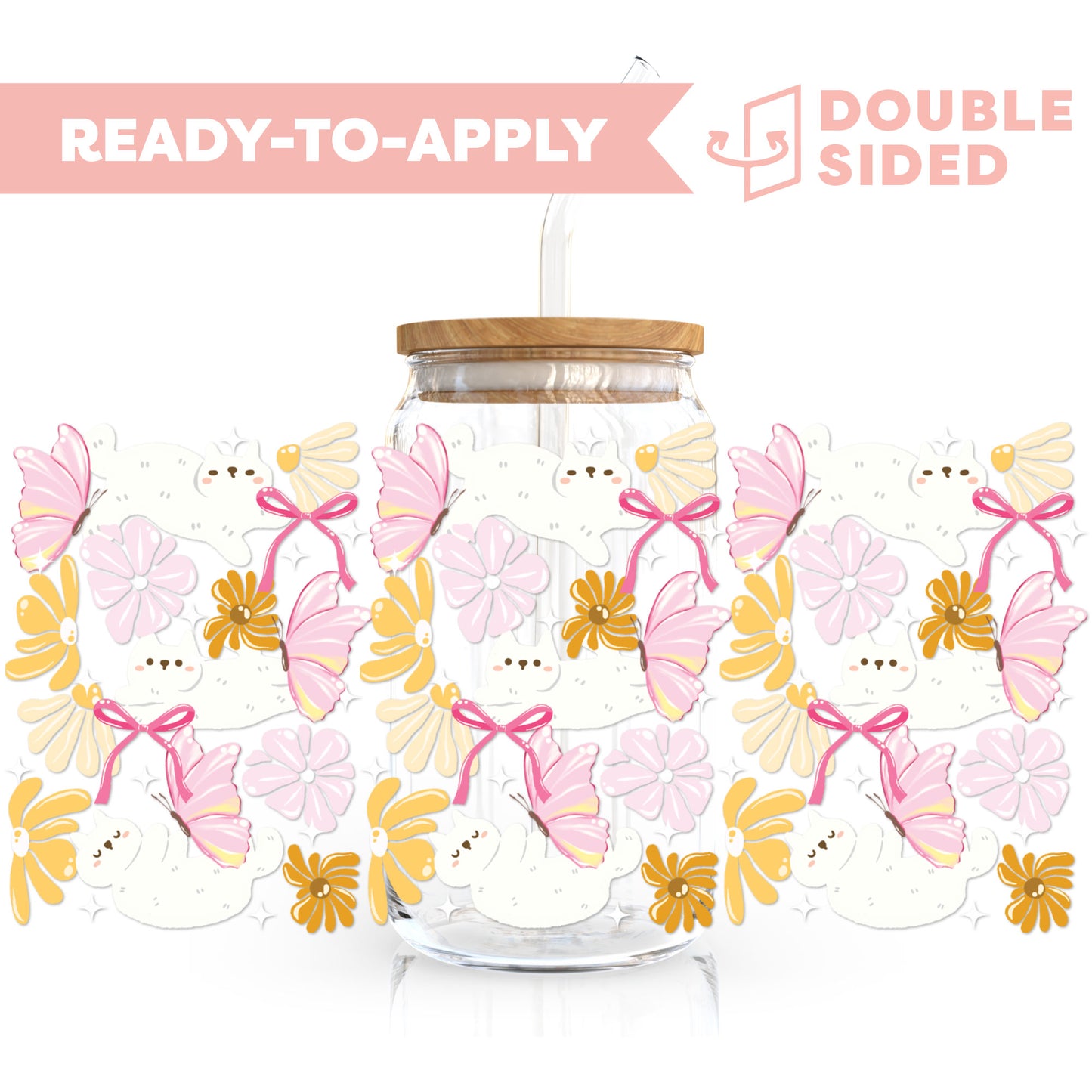 [ Double Sided ] 16oz Cup UV DTF Decal | White Cat x Flower Field 🌸