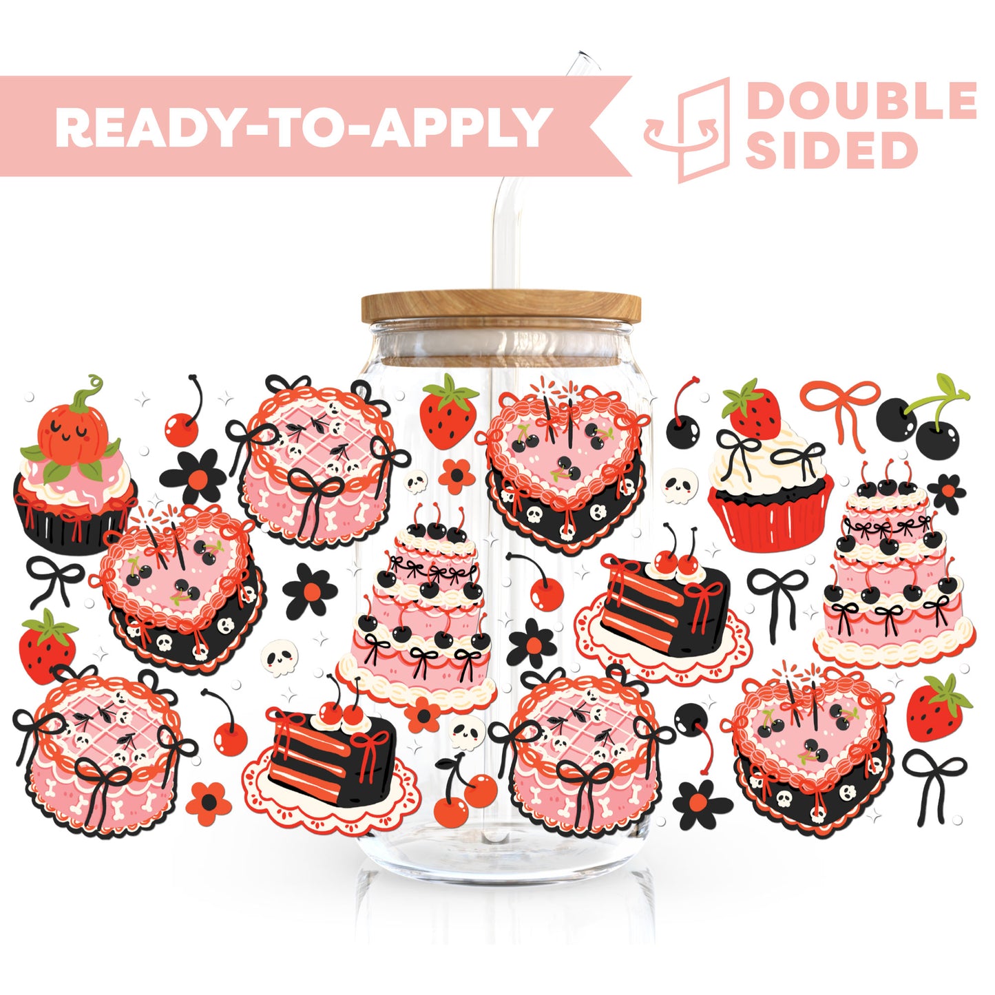 [ Double Sided ] 16oz Cup UV DTF Decal | Spooky Heart Cake