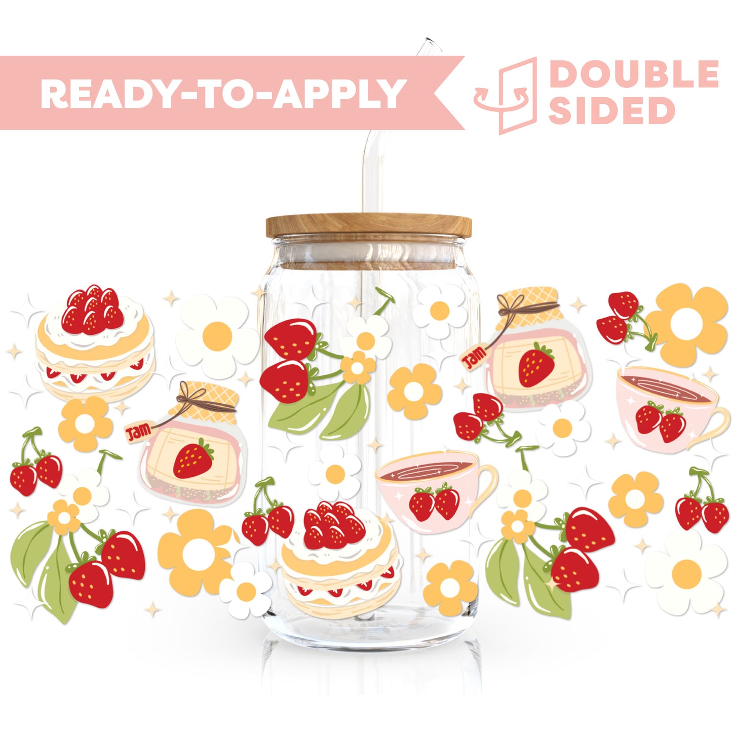 [ Double Sided ] 16oz Cup UV DTF Decal | Spring Strawberry Picnic