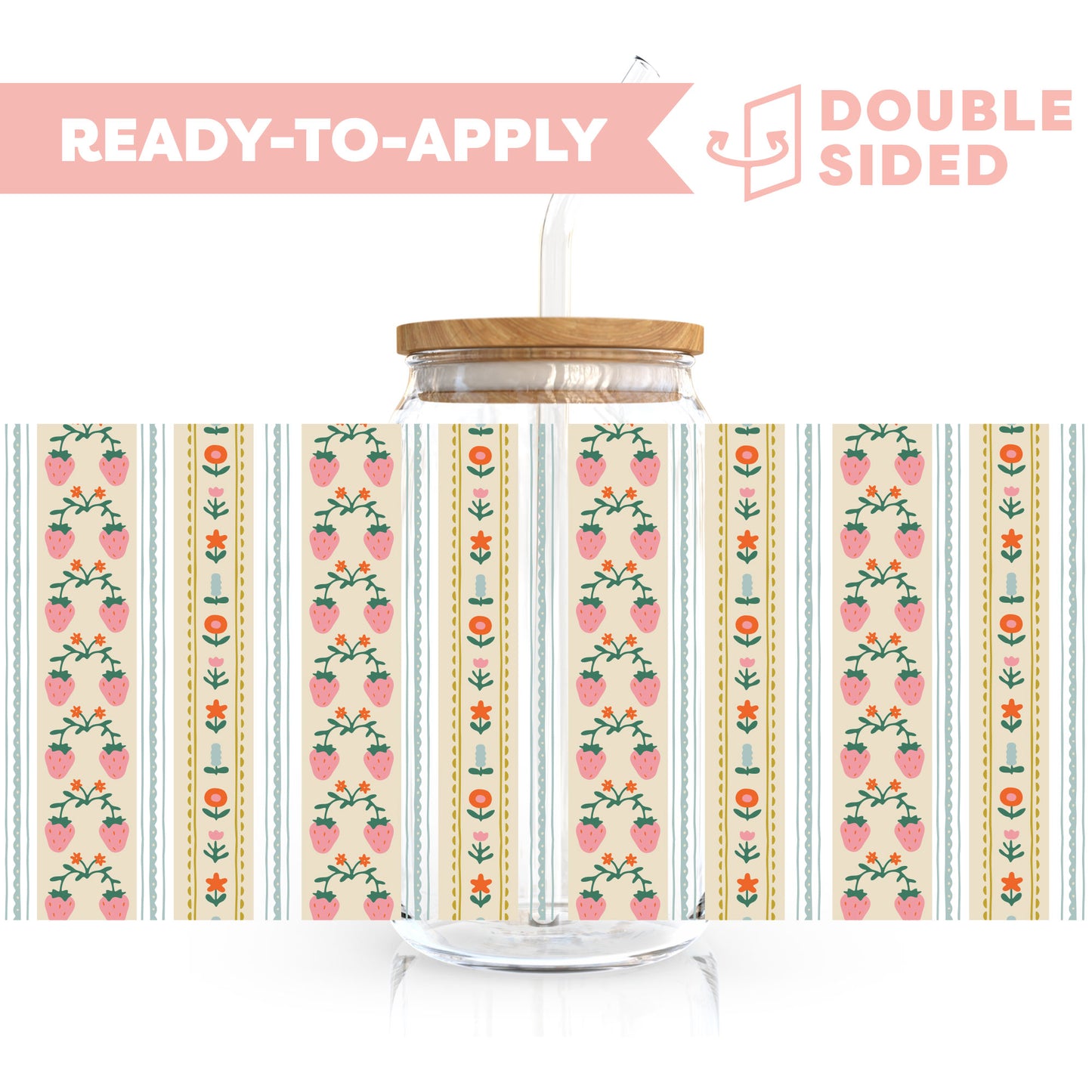 [ Double Sided ] 16oz Cup UV DTF Decal | Strawberry Washi Tape