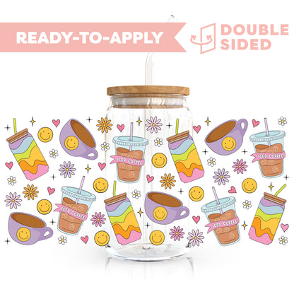 [ Double Sided ] 16oz Cup UV DTF Decal | Happy Rainbow Iced Coffee