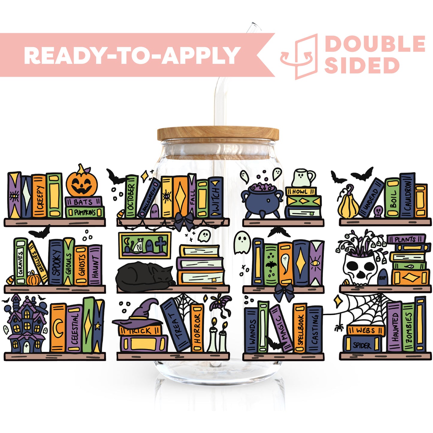 [ Double Sided ] 16oz Cup UV DTF Decal | Spooky Library