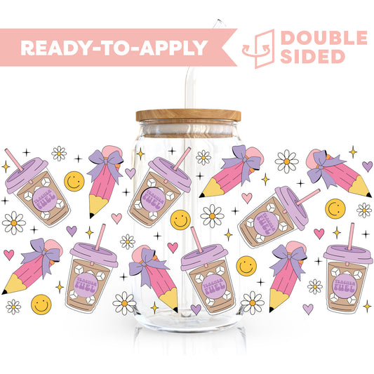 [ Double Sided ] 16oz Cup UV DTF Decal | Iced Coffee & Pencil