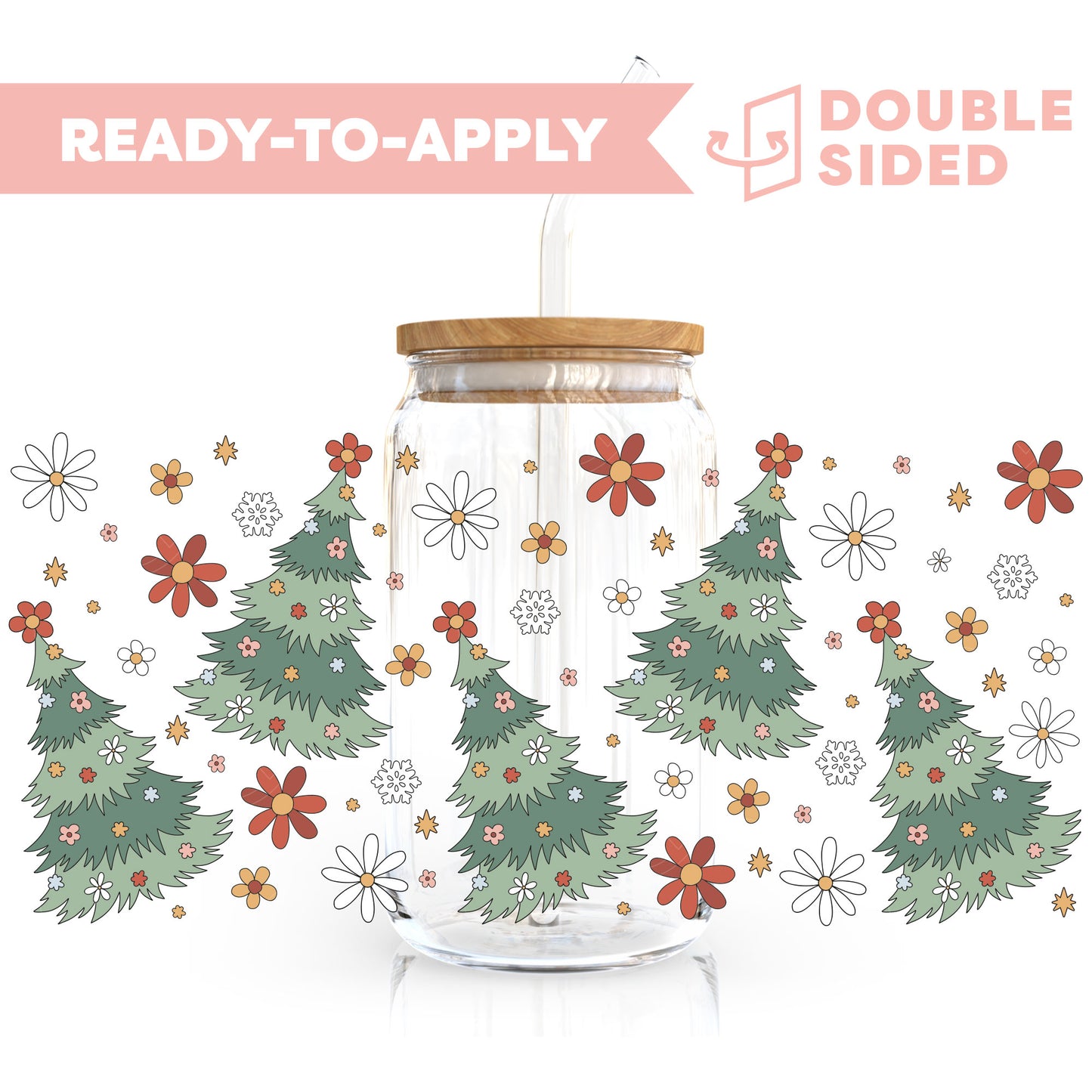 [ Double Sided ] 16oz Cup UV DTF Decal | Floral Christams Tree