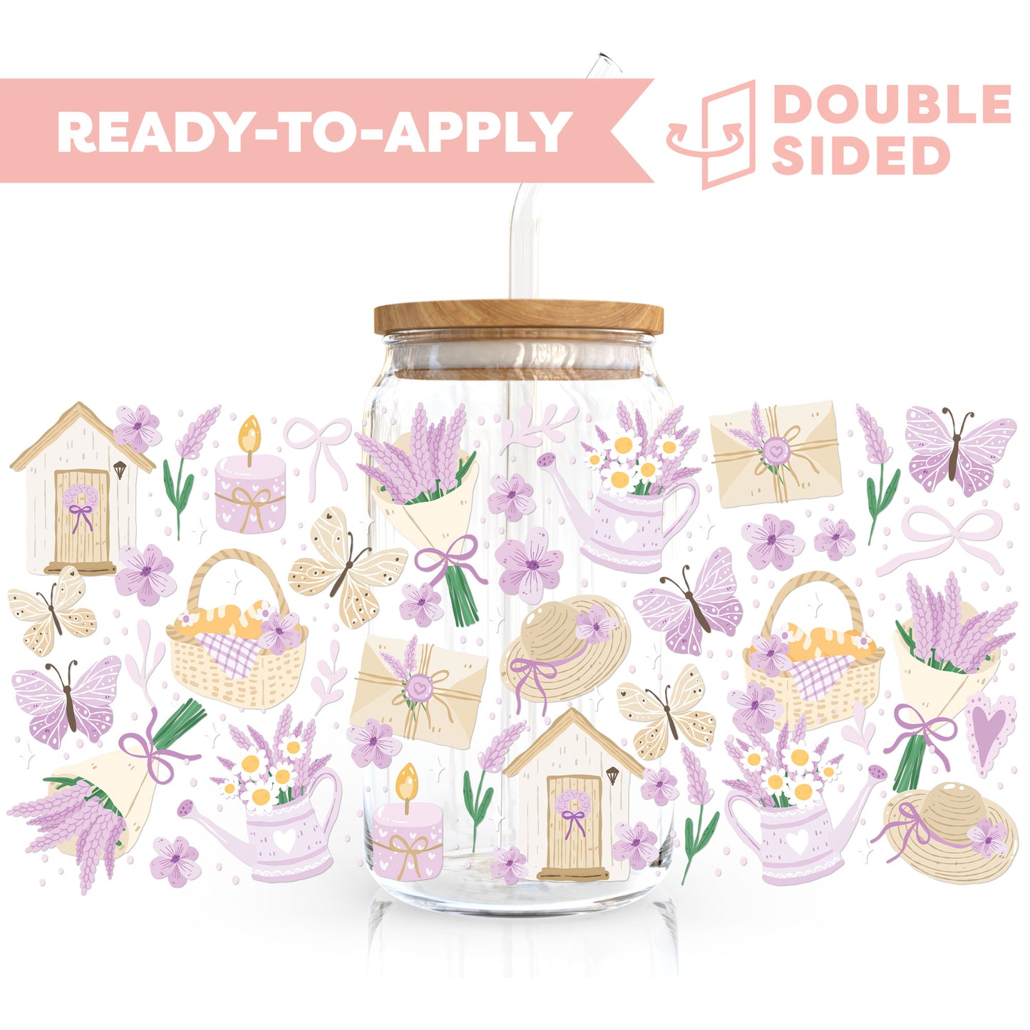 [ Double Sided ] 16oz Cup UV DTF Decal | Lavender Picnic Field