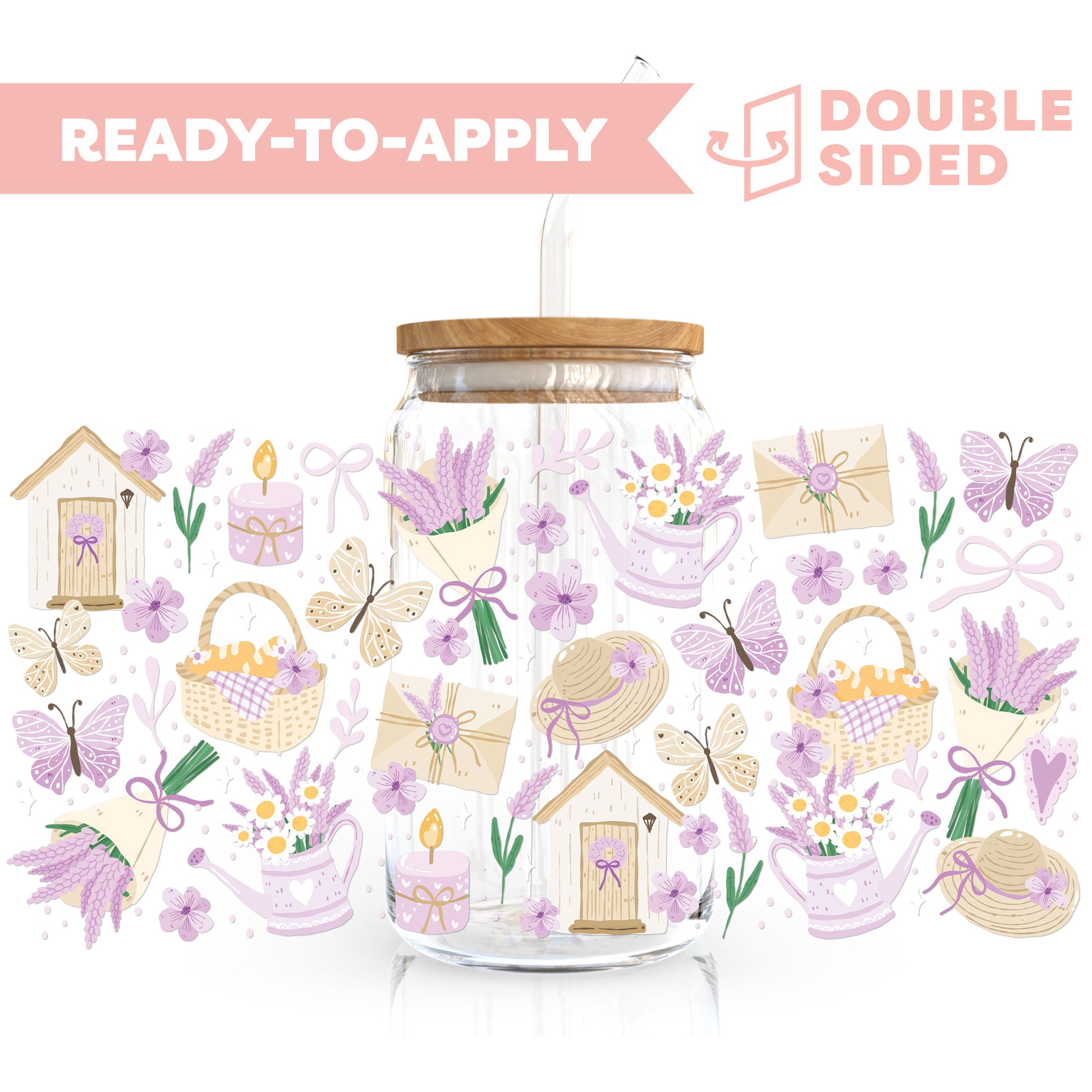 [ Double Sided ] 16oz Cup UV DTF Decal | Lavender Picnic Field